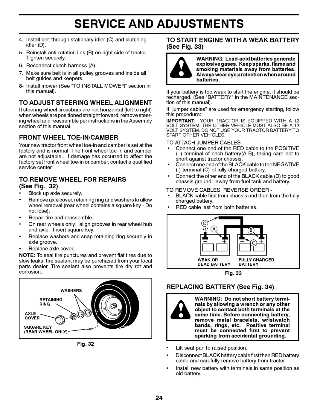 Jonsered LT2218A manual To Adjust Steering Wheel Alignment, Front Wheel Toe-In/Camber, TO REMOVE WHEEL FOR REPAIRS See Fig 