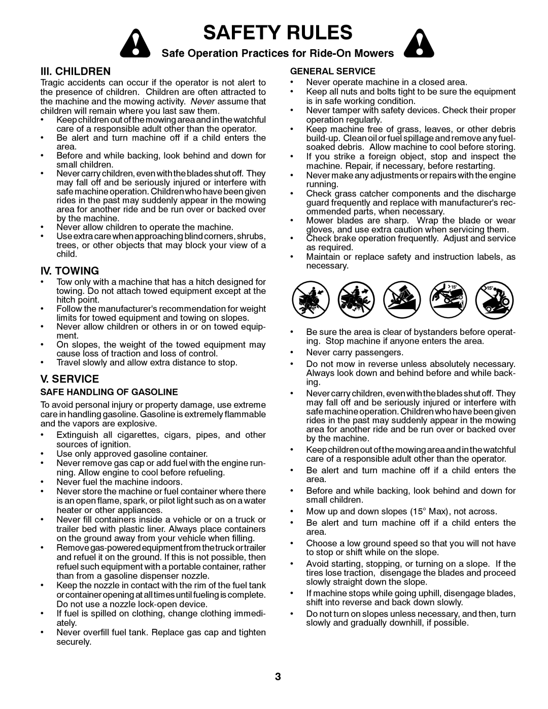 Jonsered LT2218A manual Iii. Children, Iv. Towing, V. Service, Safety Rules, Safe Operation Practices for Ride-On Mowers 
