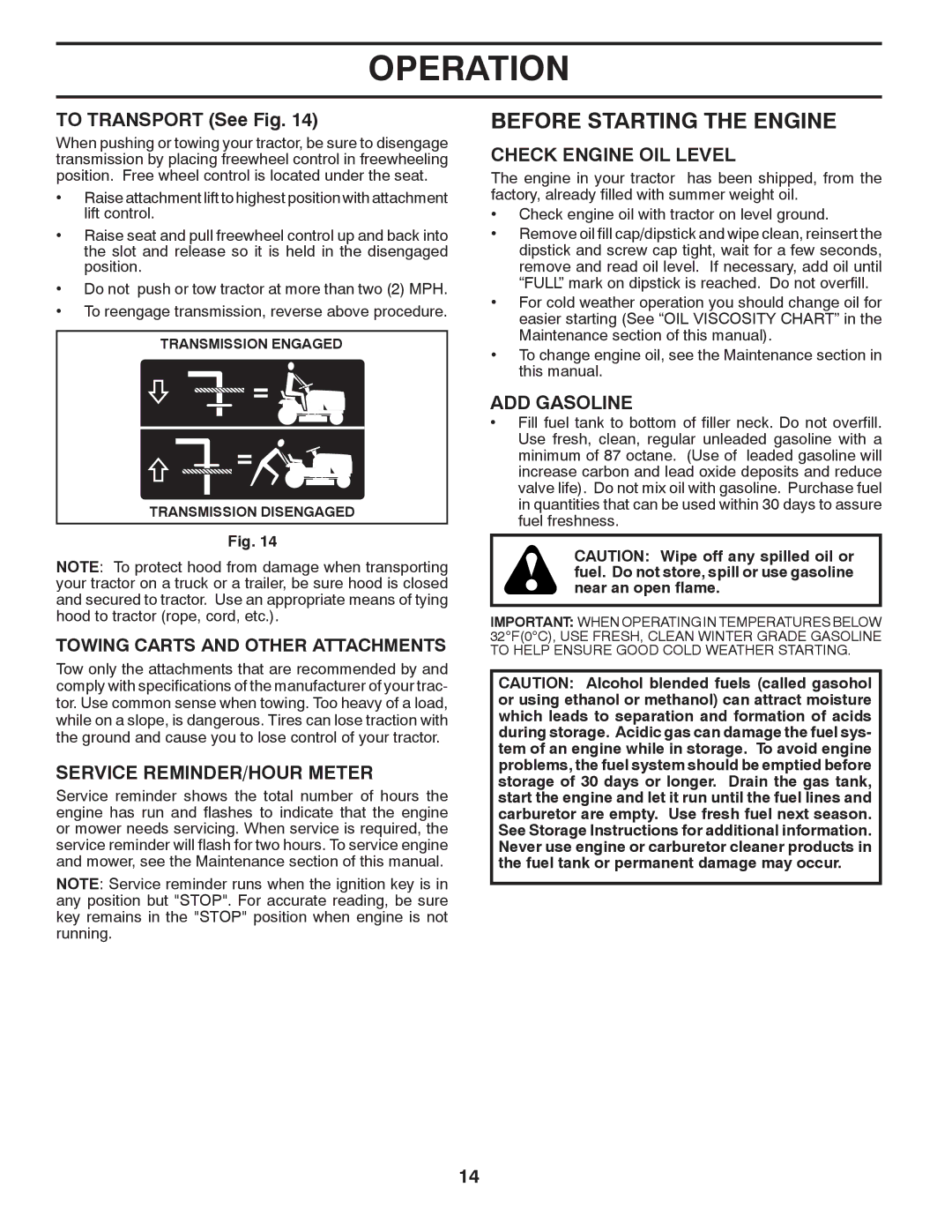 Jonsered LT2220 CMA2 Before Starting the Engine, To Transport See Fig, Service REMINDER/HOUR Meter, Check Engine OIL Level 