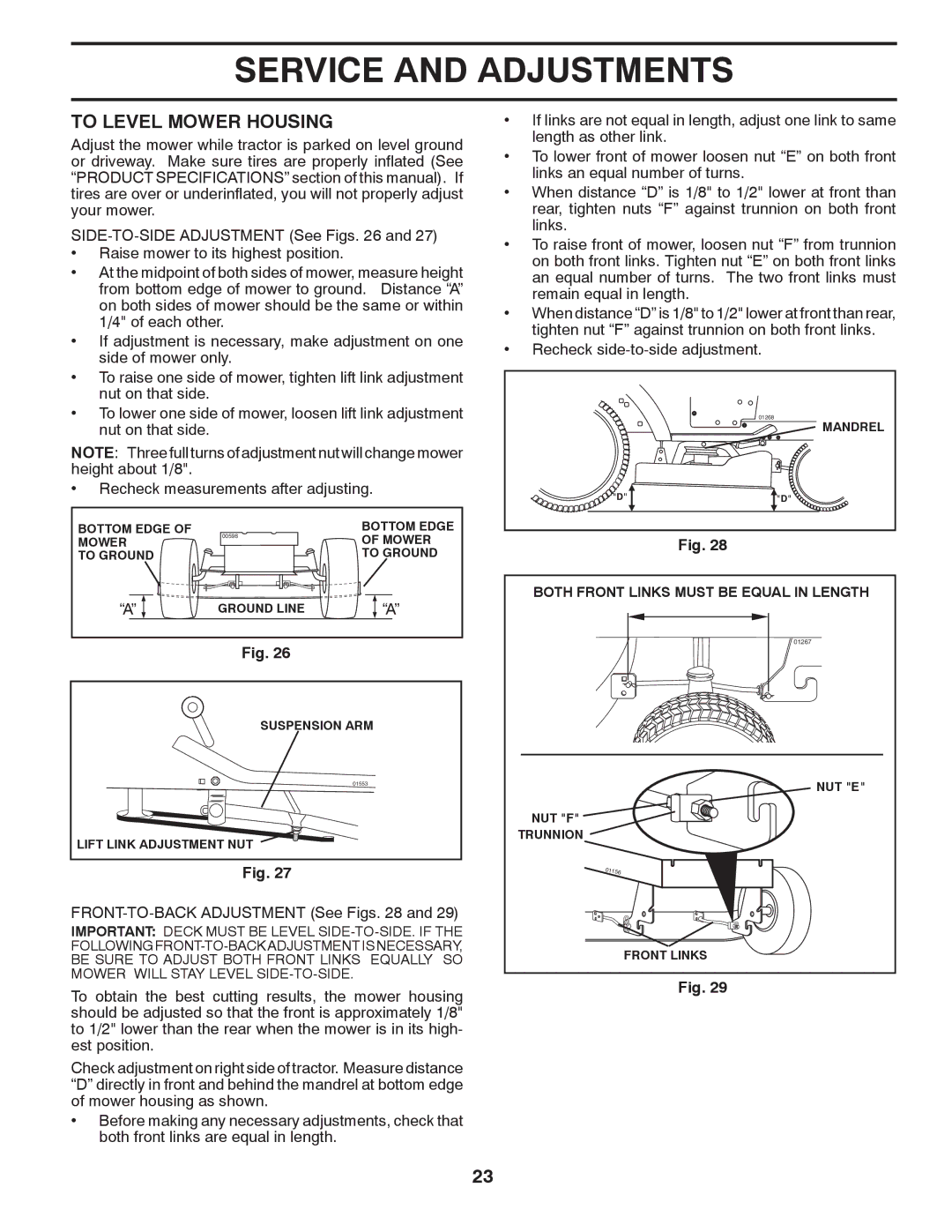 Jonsered LT2220 CMA2 manual To Level Mower Housing, FRONT-TO-BACK Adjustment See Figs 