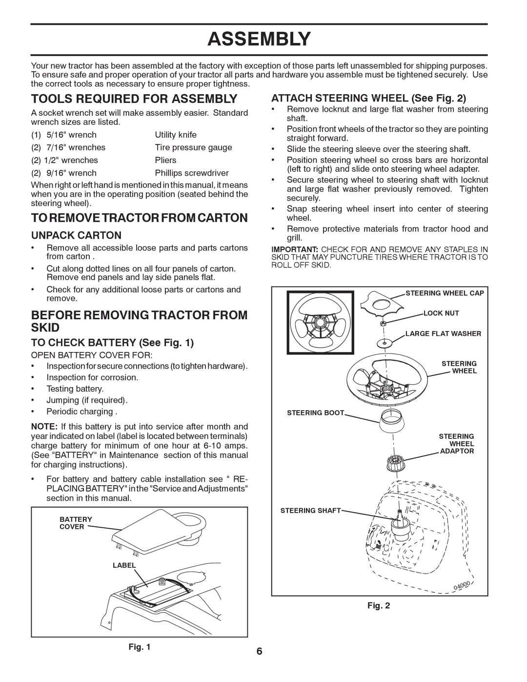 Jonsered LT2220 CMA2 Tools Required for Assembly, To Remove Tractor from Carton, Before Removing Tractor from Skid 