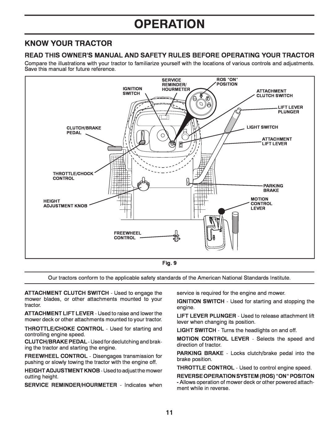 Jonsered LT2220 CMA2 manual Know Your Tractor, Operation, HEIGHT ADJUSTMENT KNOB - Used to adjust the mower cutting height 