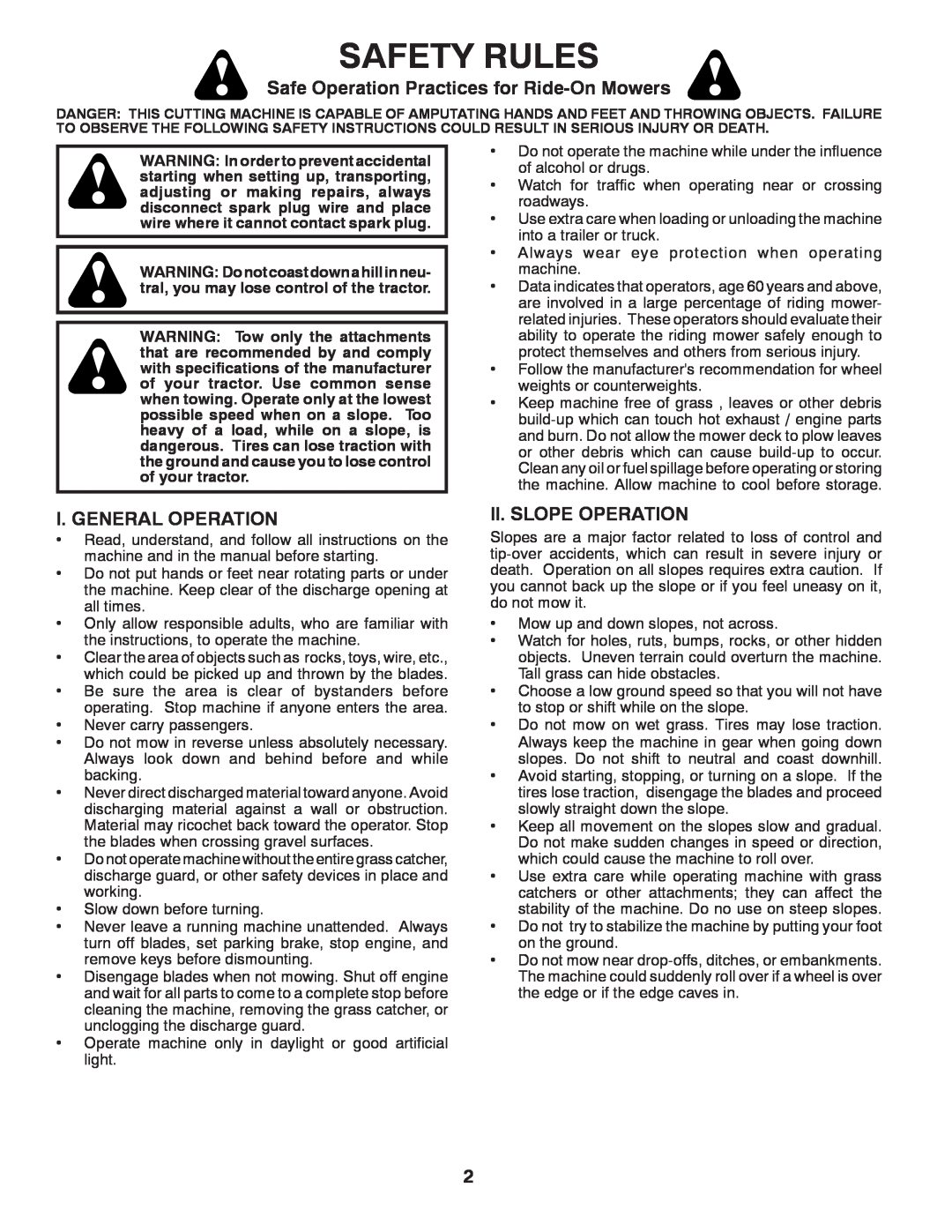 Jonsered LT2220 CMA2 Safety Rules, Safe Operation Practices for Ride-On Mowers, I. General Operation, Ii. Slope Operation 
