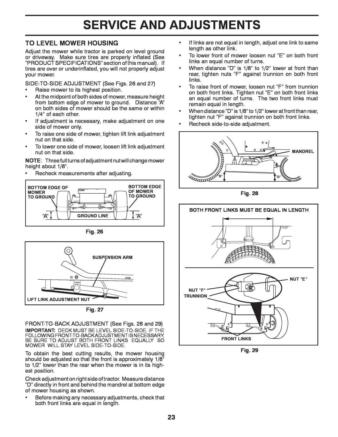 Jonsered LT2220 CMA2 manual To Level Mower Housing, Service And Adjustments 