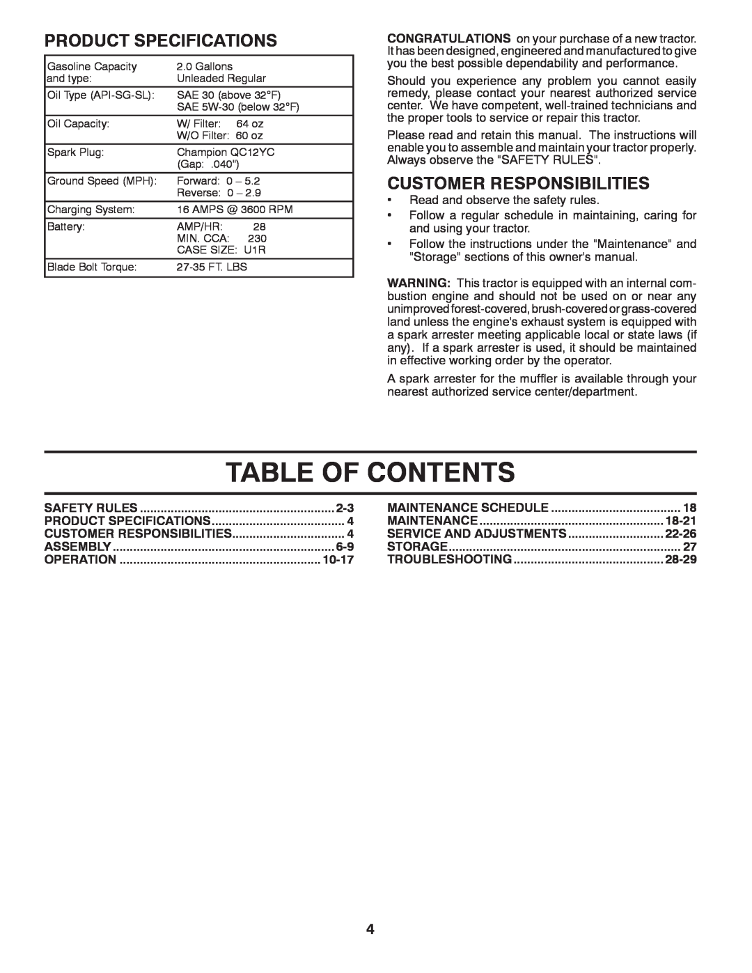 Jonsered LT2220 CMA2 Table Of Contents, Product Specifications, Customer Responsibilities, 10-17, 18-21, 22-26, 28-29 