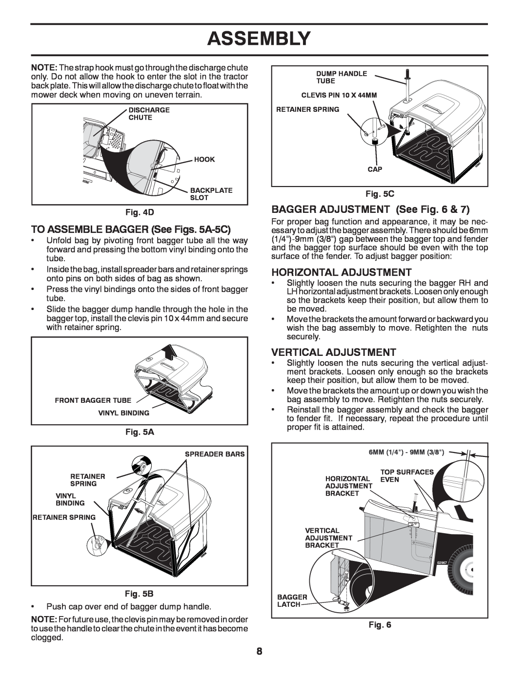 Jonsered LT2220 CMA2 manual TO ASSEMBLE BAGGER See Figs. 5A-5C, BAGGER ADJUSTMENT See Fig, Horizontal Adjustment, Assembly 