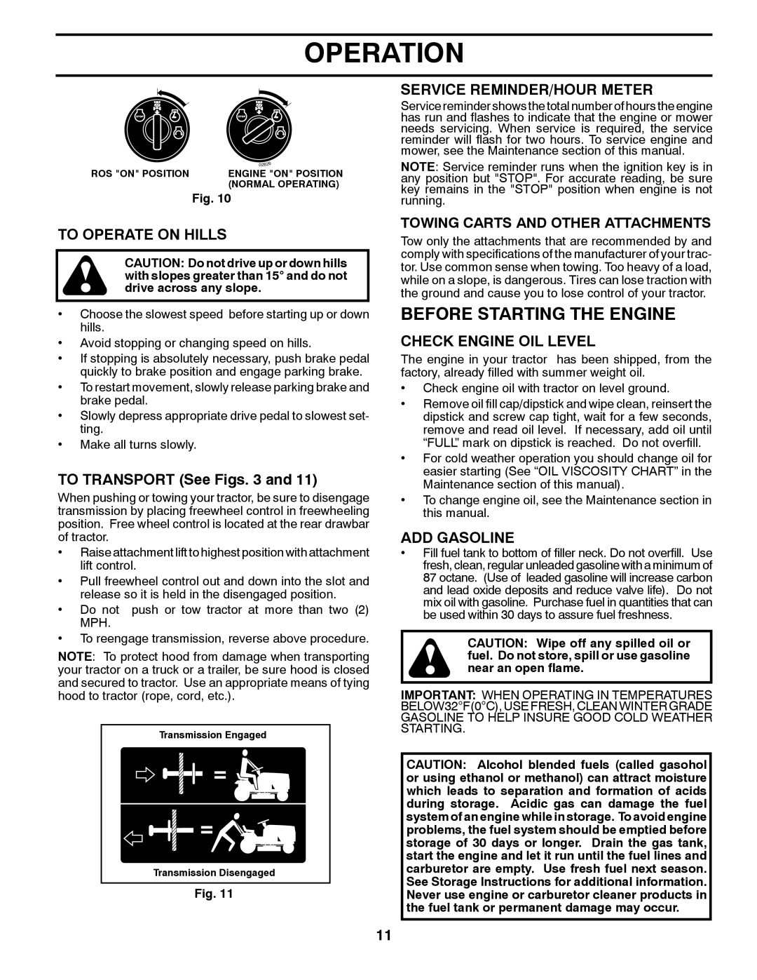 Jonsered LT2226 A2 Before Starting the Engine, To Operate on Hills, Service REMINDER/HOUR Meter, Check Engine OIL Level 