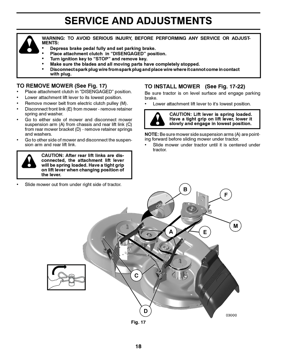 Jonsered LT2226 A2 manual Service and Adjustments, To Remove Mower See Fig, To Install Mower See Fig 