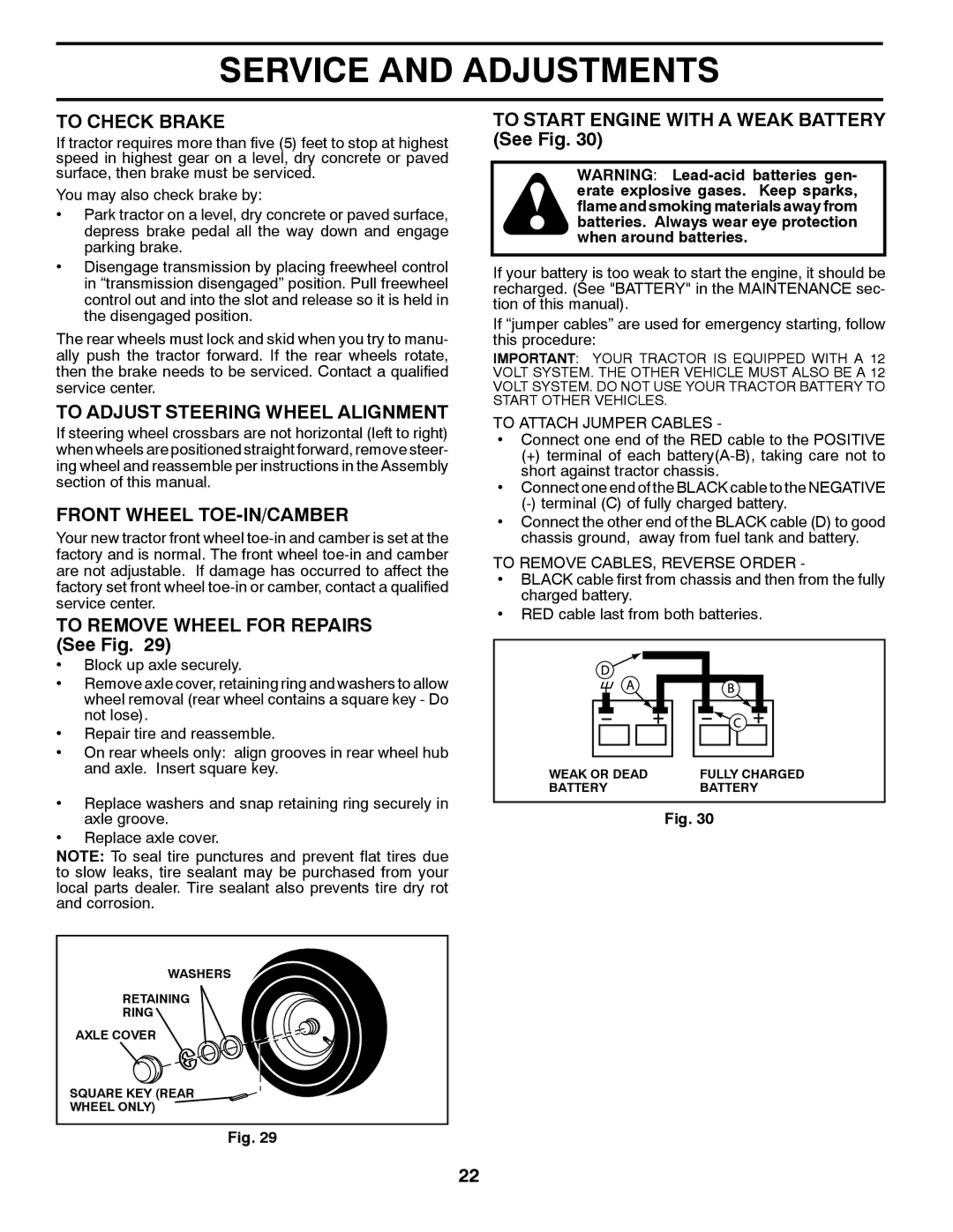 Jonsered LT2226 A2 manual To Check Brake, To Adjust Steering Wheel Alignment, Front Wheel TOE-IN/CAMBER 