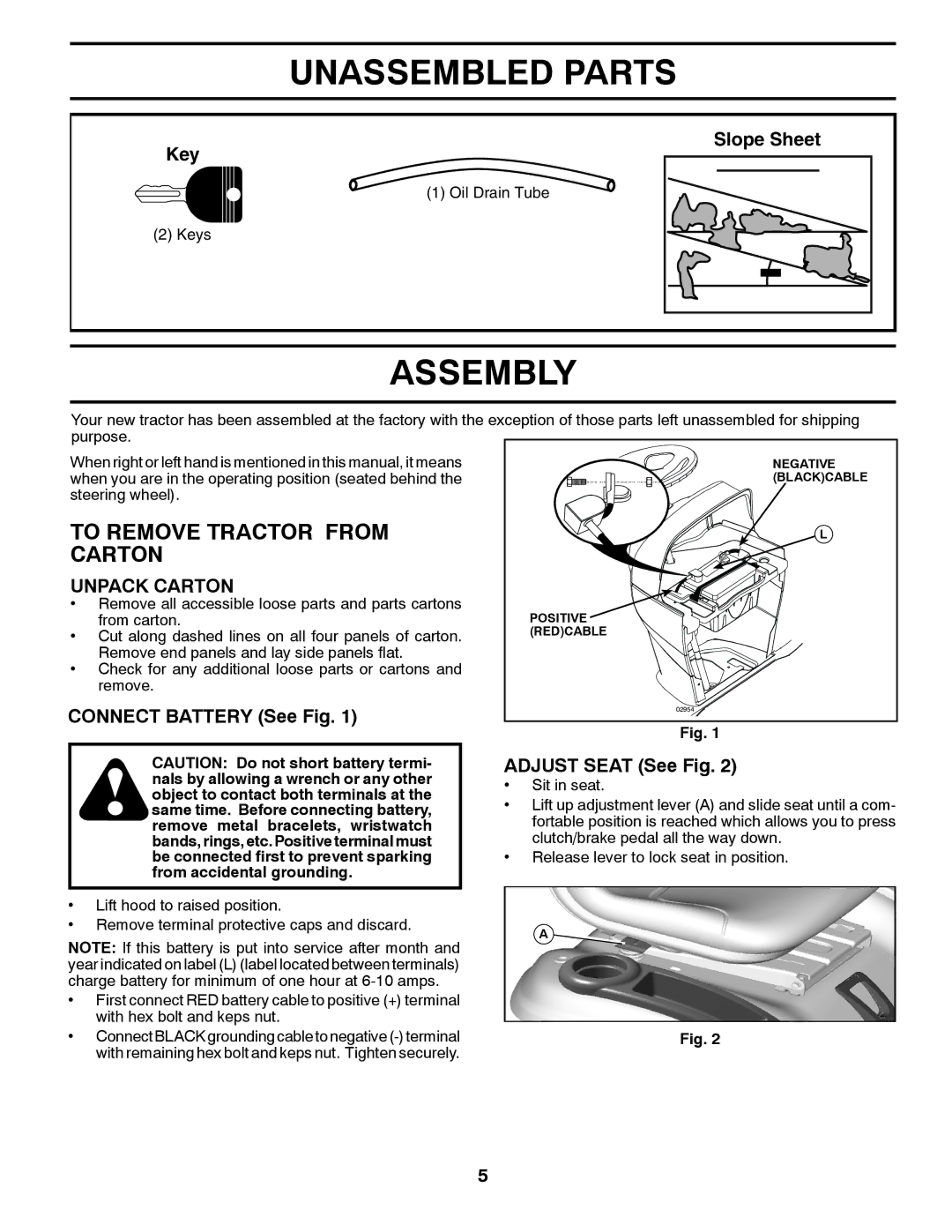 Jonsered LT2226 A2 manual Unassembled Parts, Assembly, To Remove Tractor from Carton, Unpack Carton 