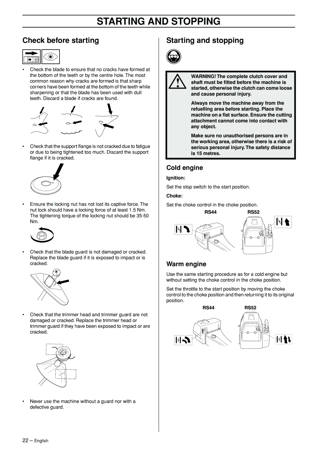 Jonsered RS44/52 manual Starting and Stopping, Check before starting, Starting and stopping, Cold engine, Warm engine 