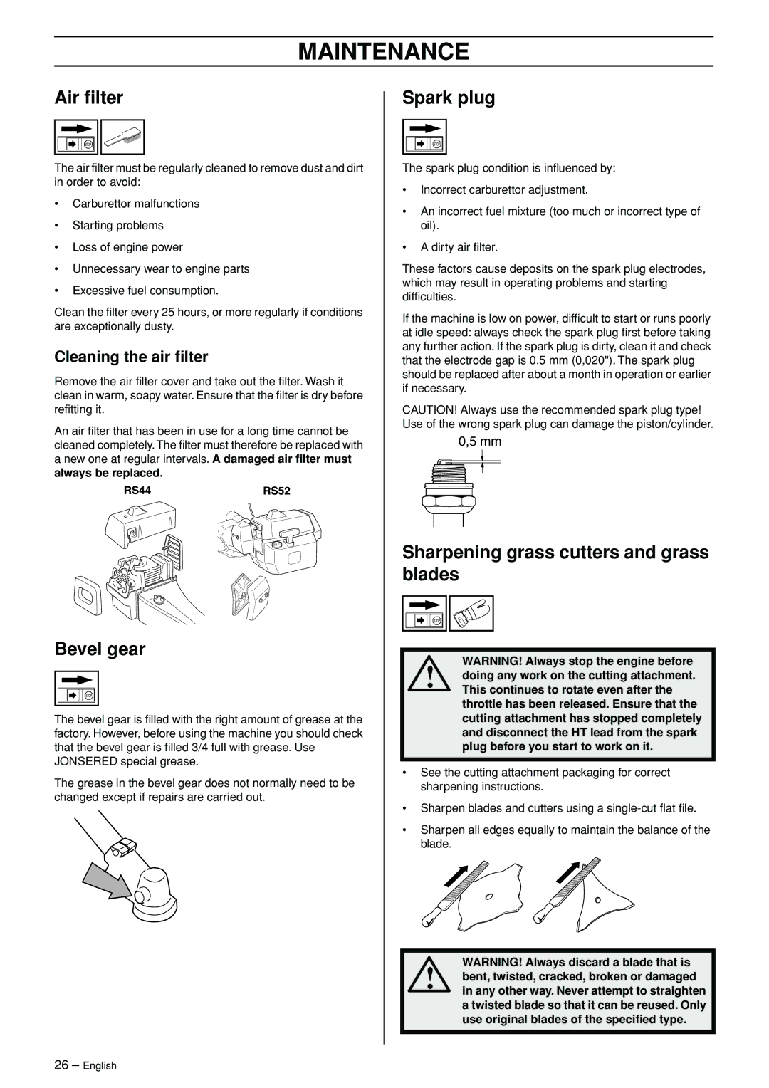 Jonsered RS44/52 Air ﬁlter, Bevel gear, Spark plug, Sharpening grass cutters and grass blades, Cleaning the air ﬁlter 