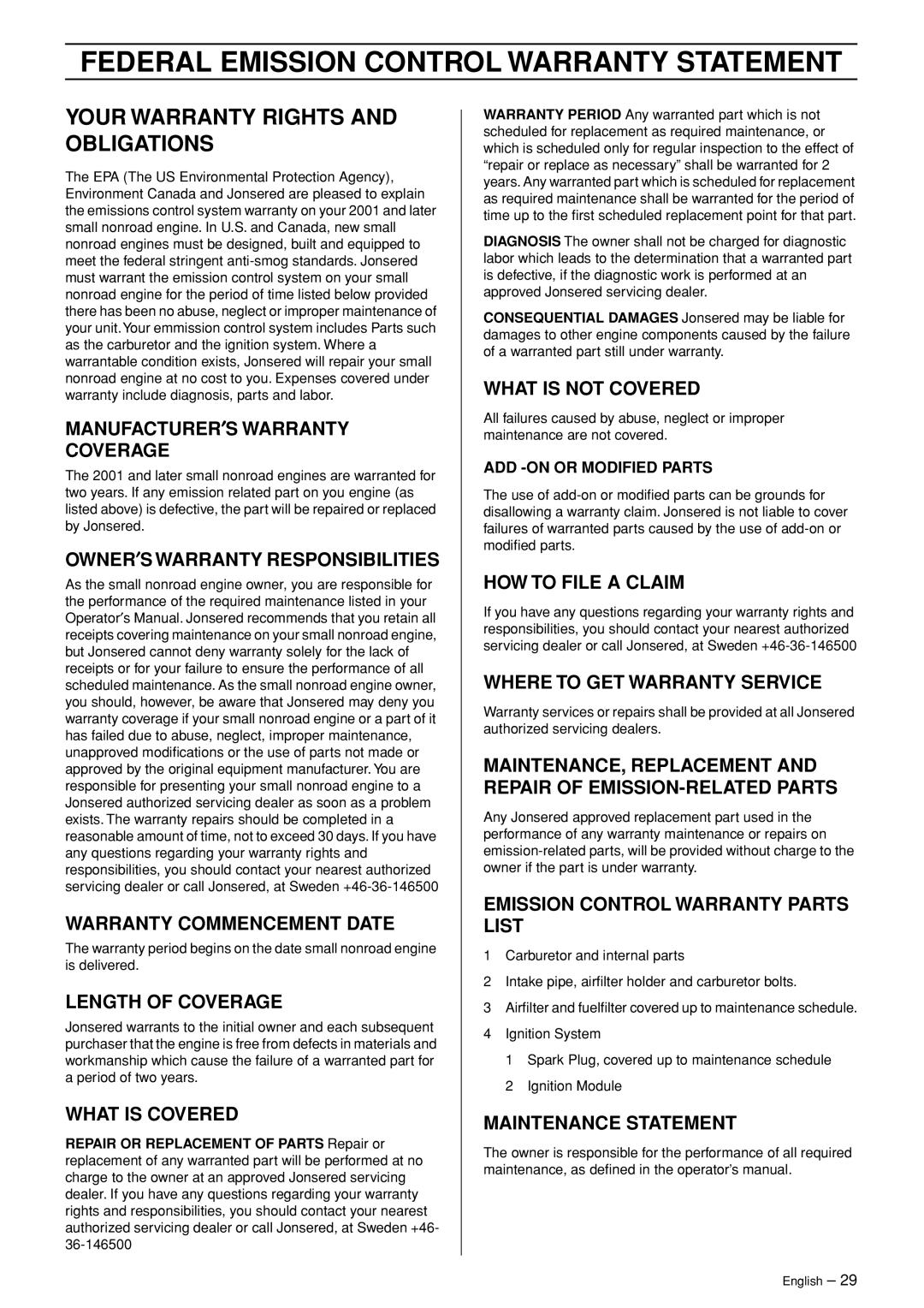 Jonsered RS44/52 manual Federal Emission Control Warranty Statement, Your Warranty Rights and Obligations 