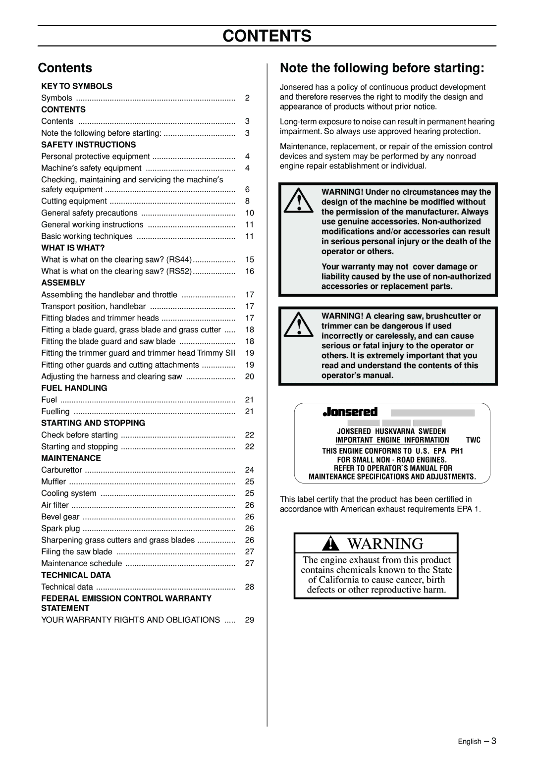 Jonsered RS44/52 manual Contents 