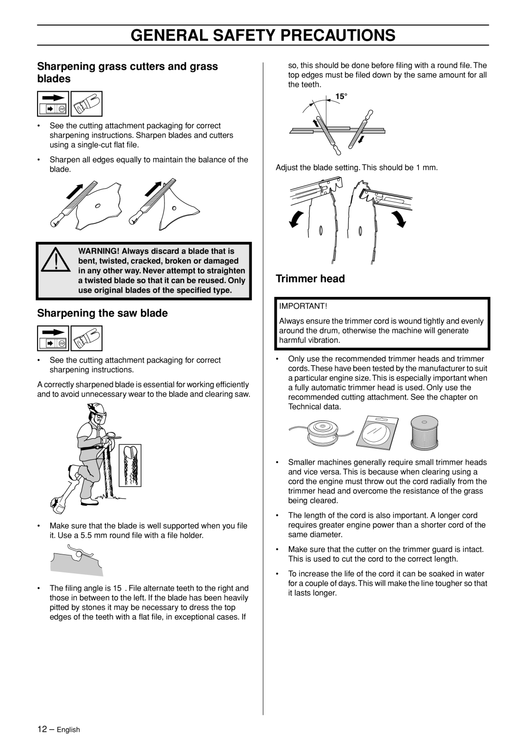 Jonsered RS52 manual Sharpening grass cutters and grass blades, Sharpening the saw blade, Trimmer head 