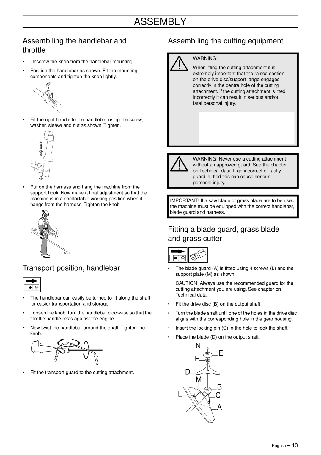 Jonsered RS52 manual Assembly, Assembling the handlebar and throttle, Transport position, handlebar 