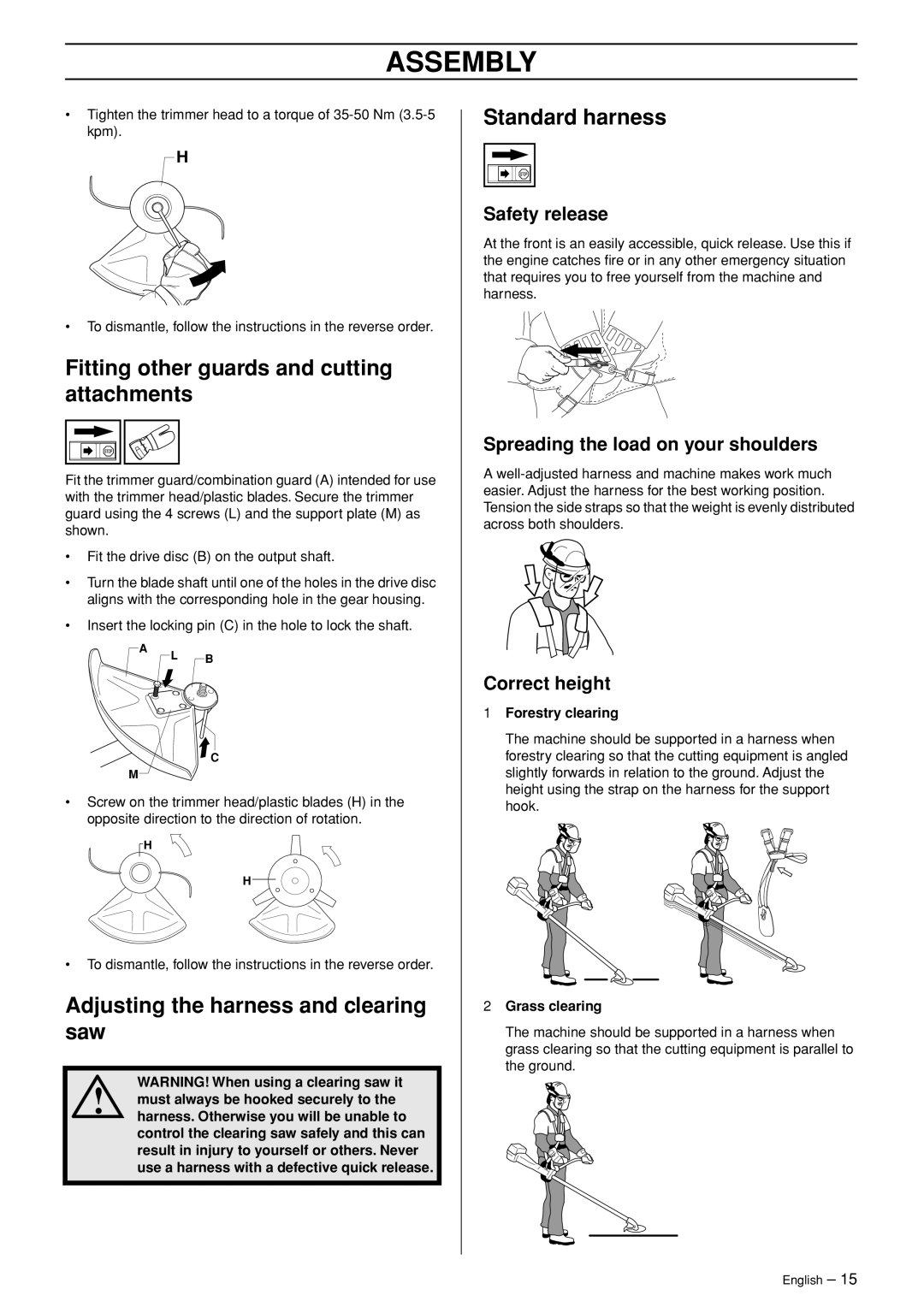 Jonsered RS52 manual Fitting other guards and cutting attachments, Standard harness, Adjusting the harness and clearing saw 