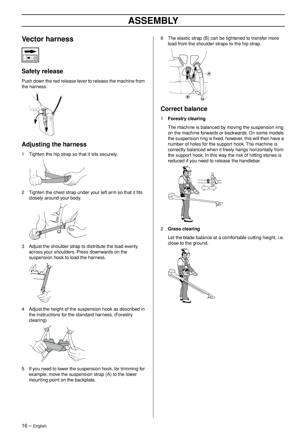 Jonsered RS52 manual Vector harness, Adjusting the harness, Correct balance 