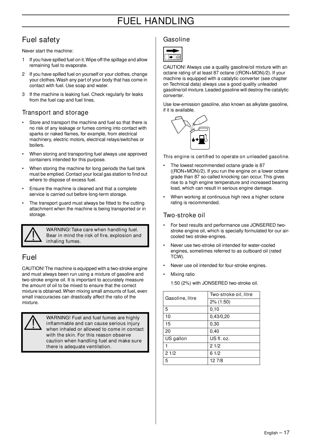 Jonsered RS52 manual Fuel Handling, Fuel safety 