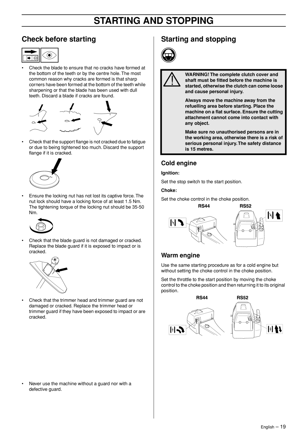 Jonsered RS52 manual Starting and Stopping, Check before starting, Starting and stopping, Cold engine, Warm engine 