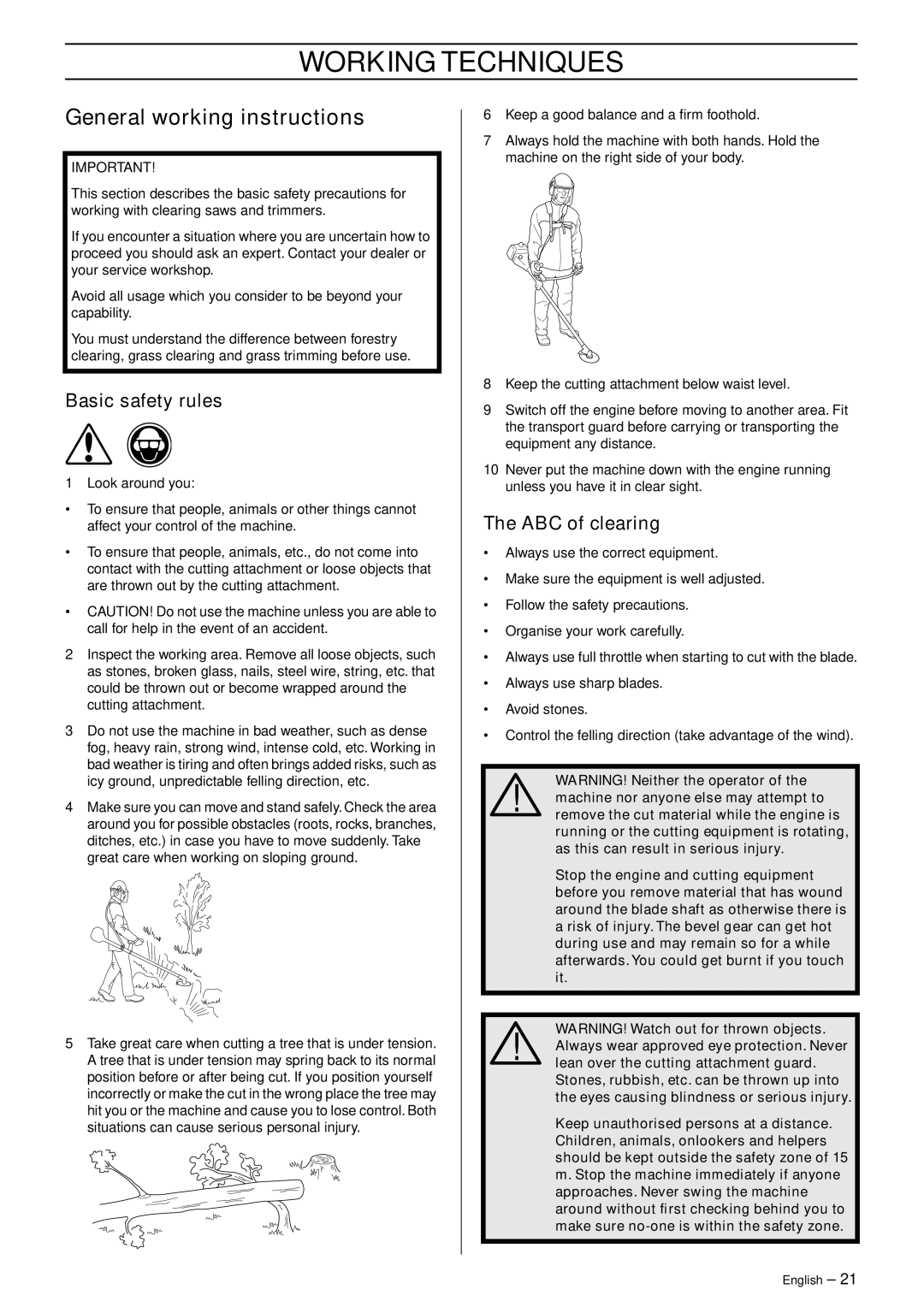 Jonsered RS52 manual Working Techniques, General working instructions, Basic safety rules, ABC of clearing 