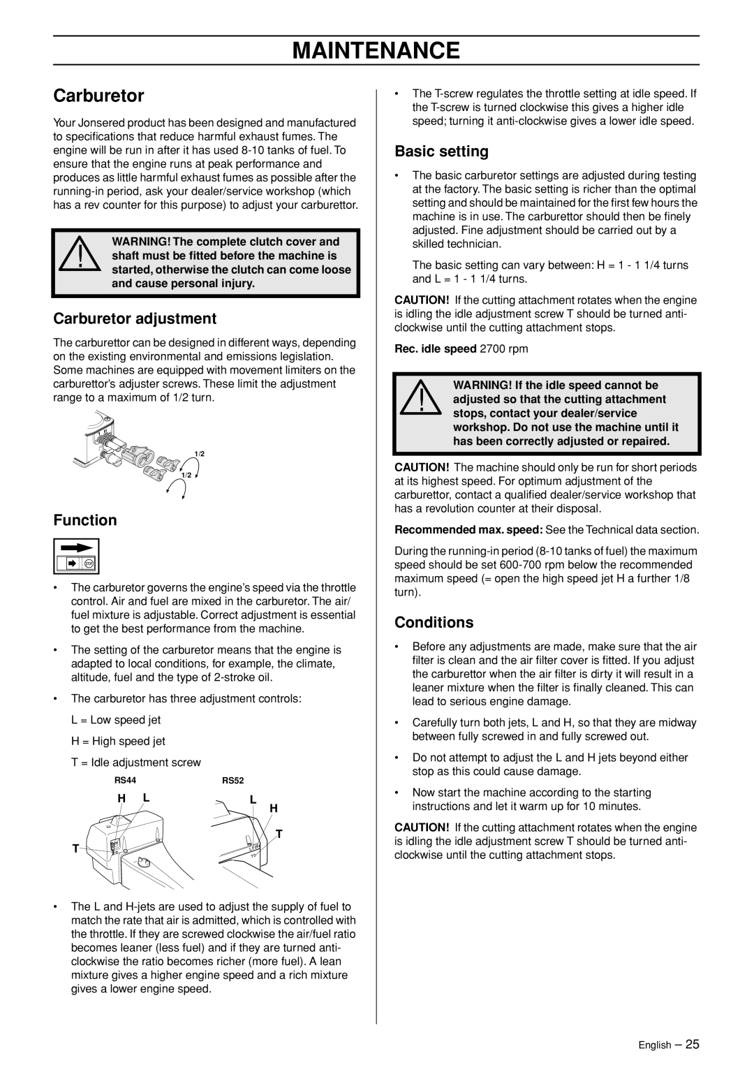 Jonsered RS52 manual Maintenance, Carburetor 