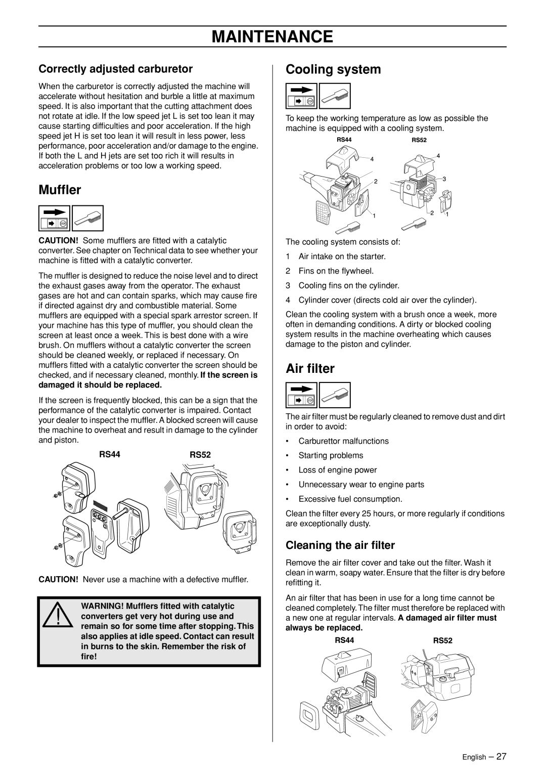 Jonsered RS52 manual Mufﬂer, Cooling system, Air ﬁlter, Correctly adjusted carburetor, Cleaning the air ﬁlter 