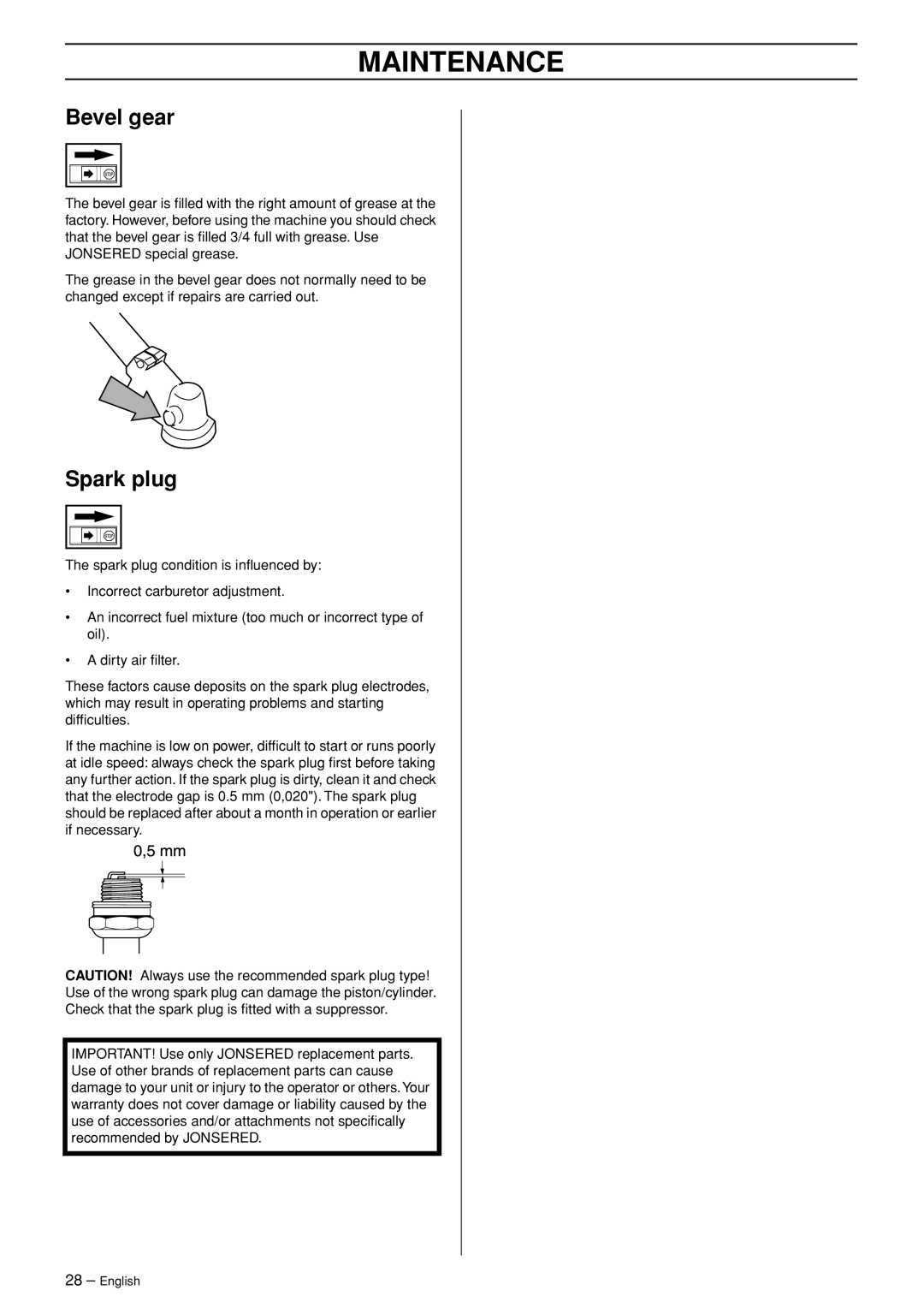 Jonsered RS52 manual Bevel gear, Spark plug 