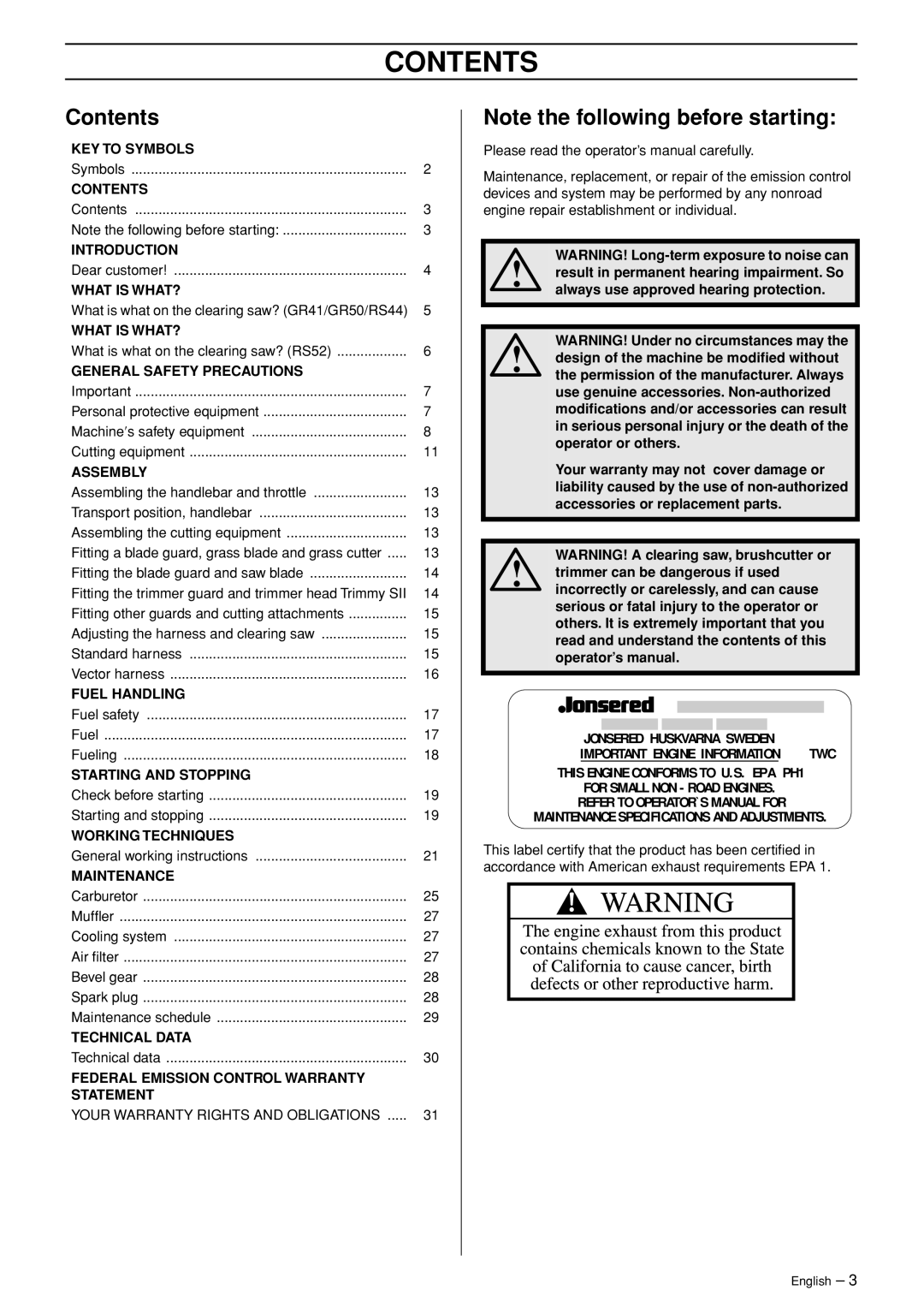 Jonsered RS52 manual Contents 