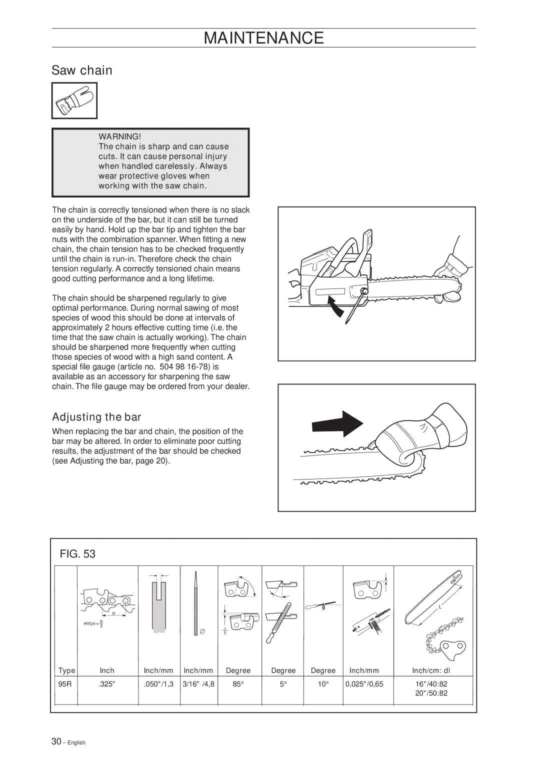 Jonsered SM 2186, SM 2055 E manual Saw chain, Adjusting the bar 