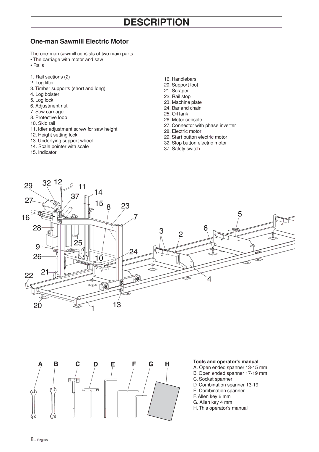 Jonsered SM 2186, SM 2055 E manual One-man Sawmill Electric Motor 