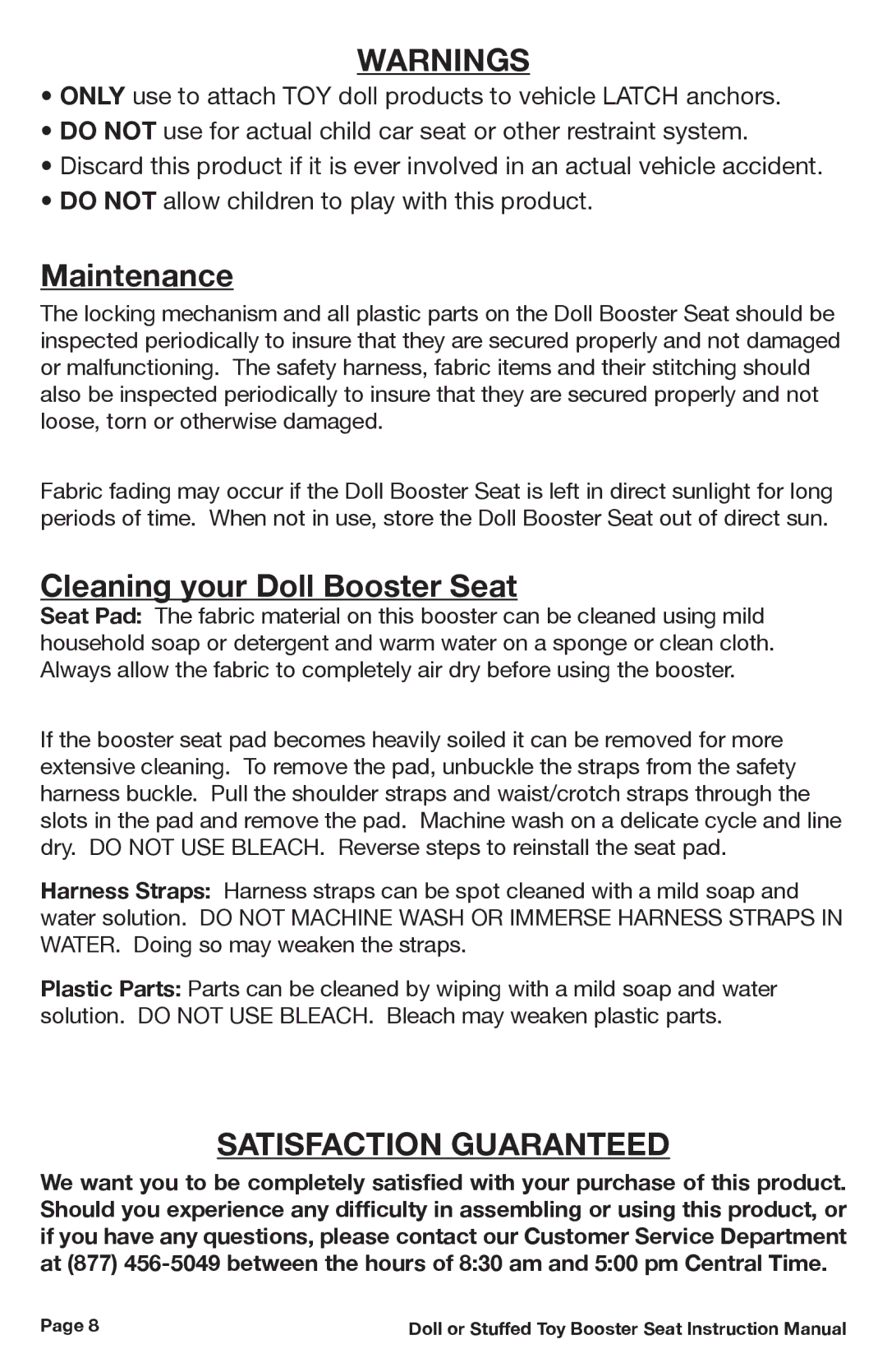 Joovy 12, 13 manual Maintenance, Cleaning your Doll Booster Seat 