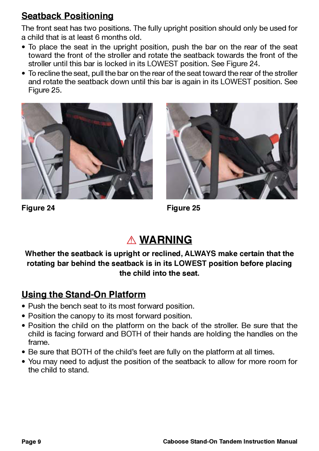 Joovy 41X Series, 40X Series manual Seatback Positioning, Using the Stand-On Platform 