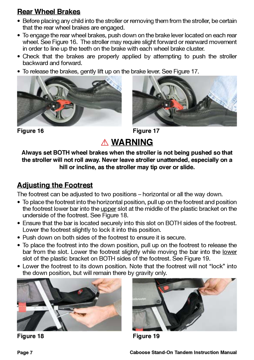 Joovy 41X Series, 40X Series manual Rear Wheel Brakes, Adjusting the Footrest 