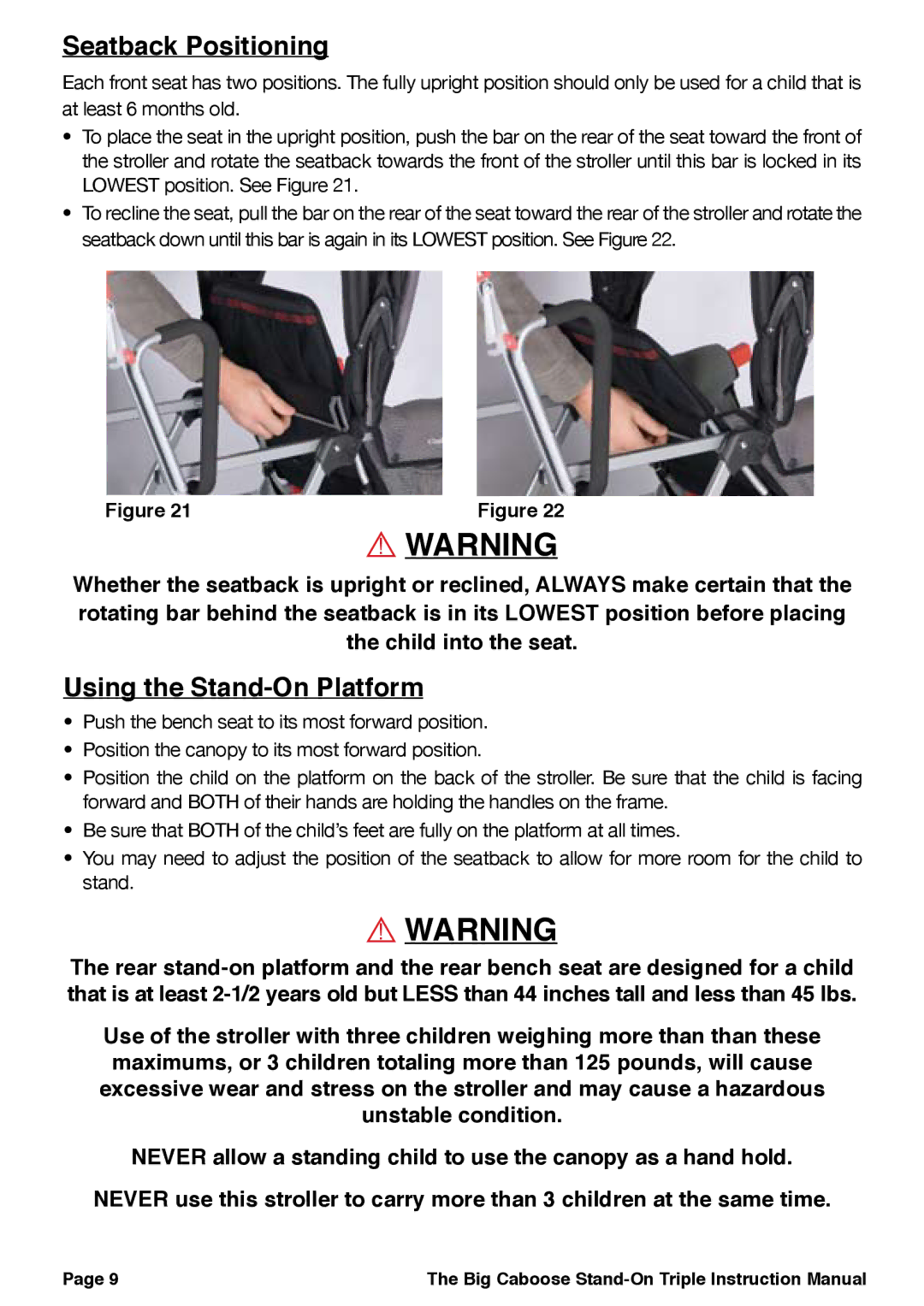 Joovy 43X Series manual Seatback Positioning, Using the Stand-On Platform 