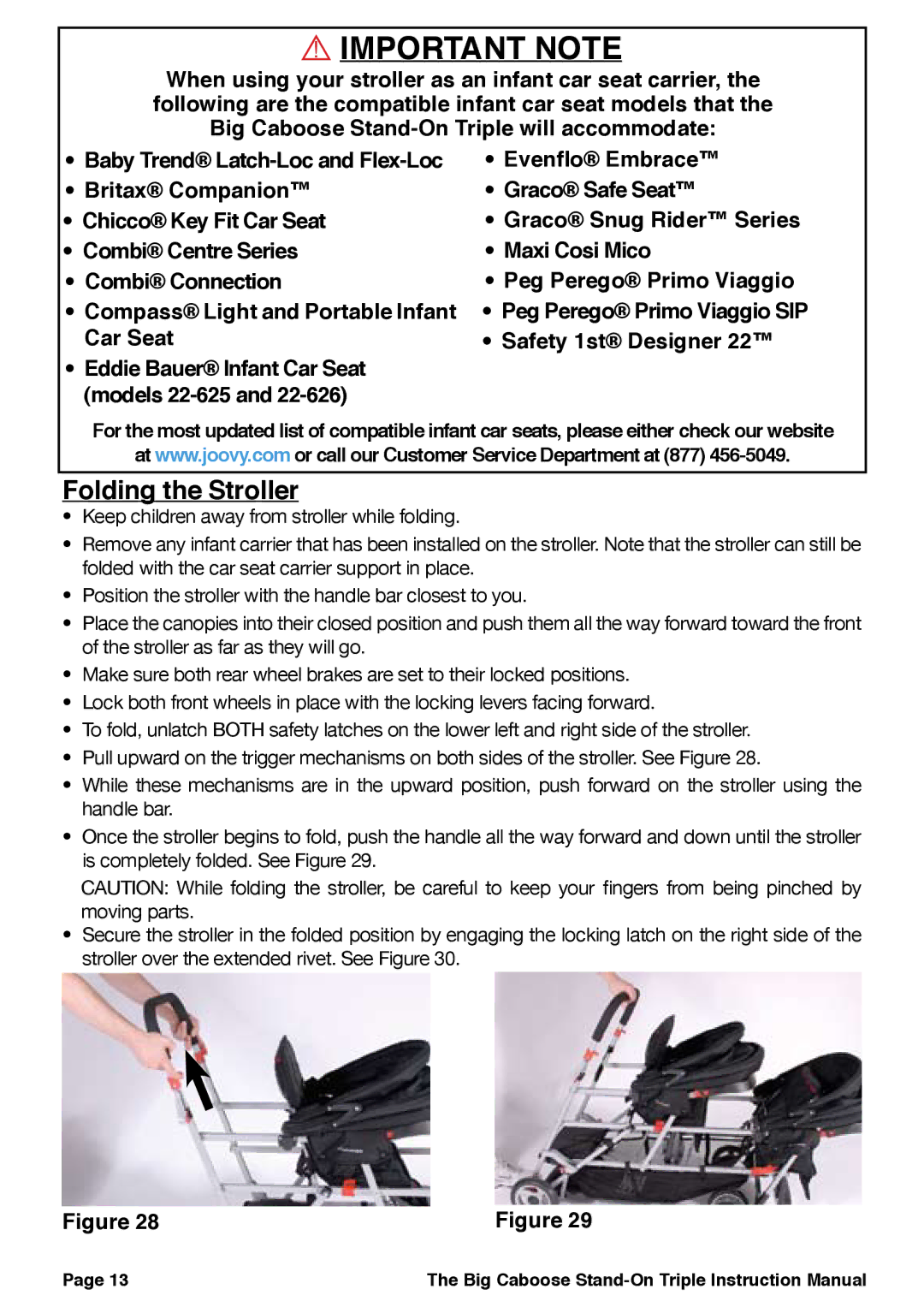 Joovy 43X Series manual Important Note, Folding the Stroller 