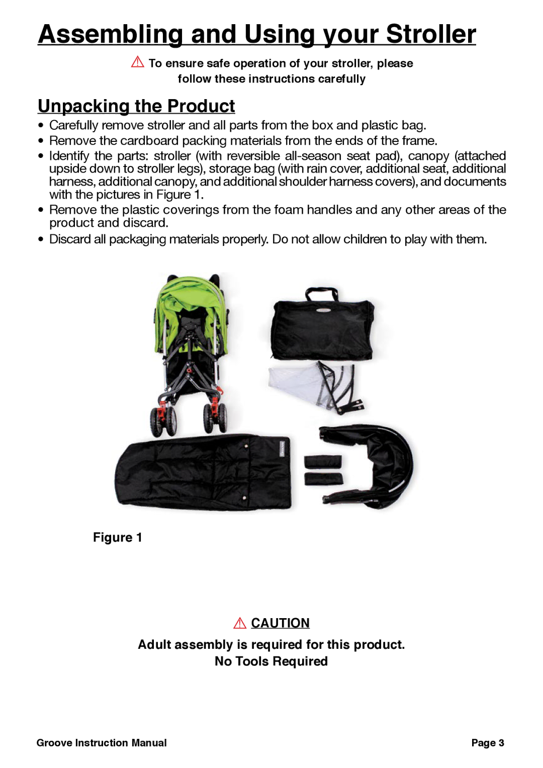 Joovy 350, Groove Stroller, 352, 356 manual Assembling and Using your Stroller, Unpacking the Product 