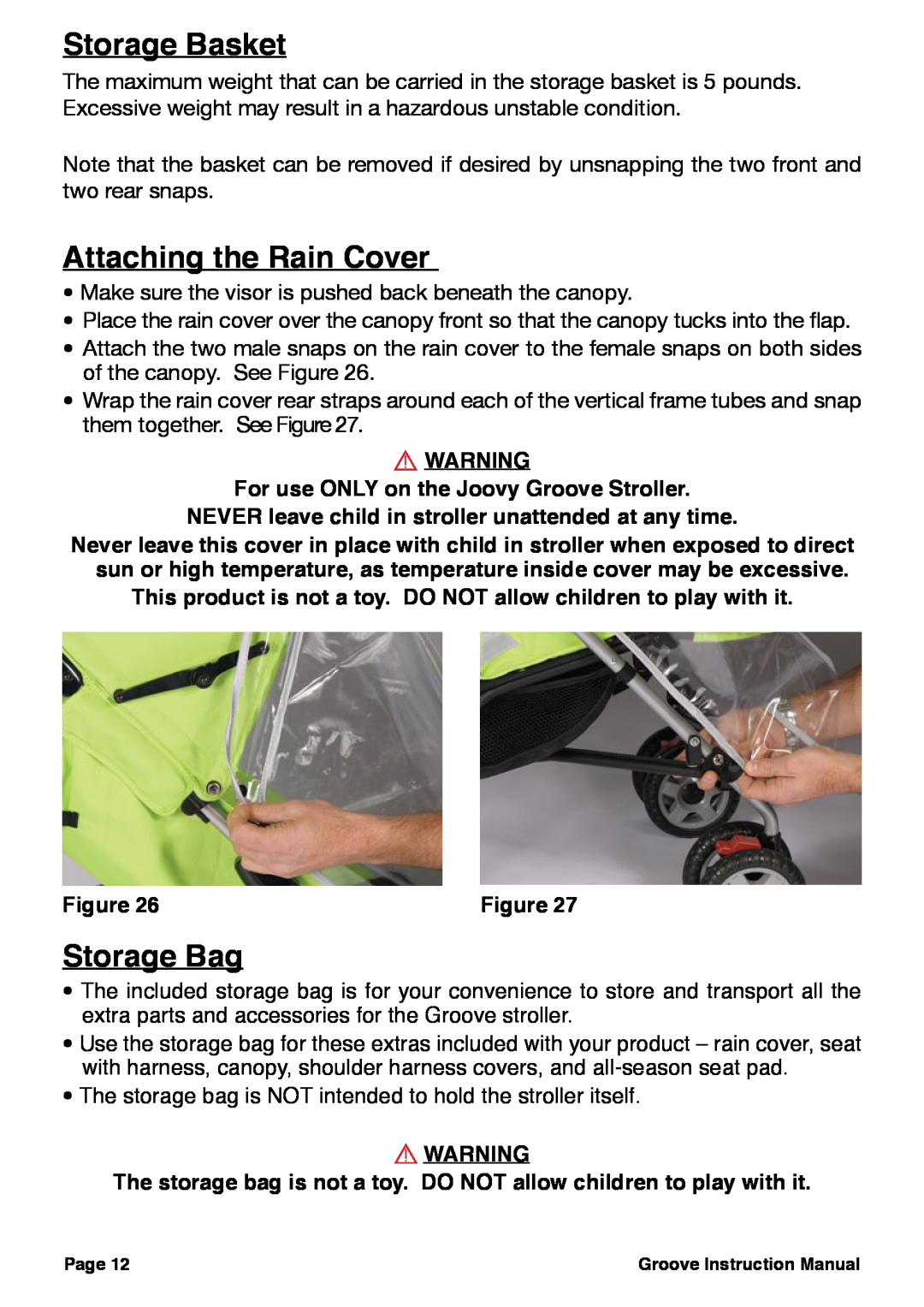 Joovy 352, 356, 350 Storage Basket, Attaching the Rain Cover, Storage Bag, For use ONLY on the Joovy Groove Stroller 