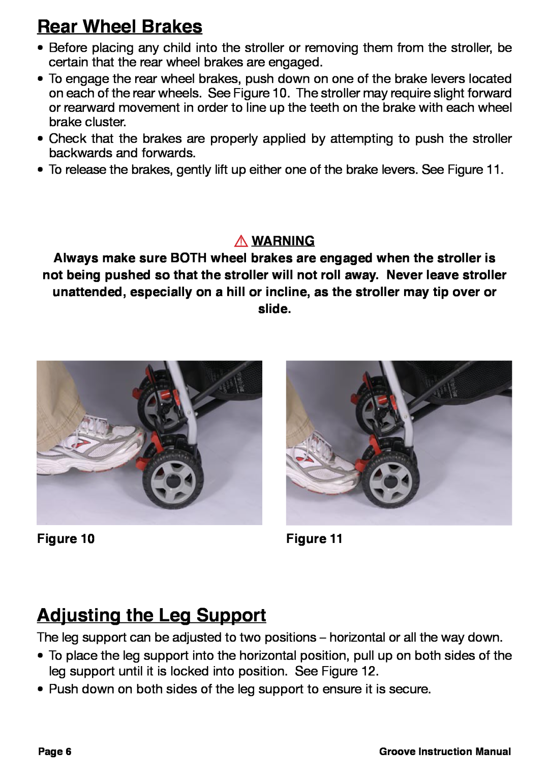 Joovy 356, Groove Stroller, 352, 350 manual Rear Wheel Brakes, Adjusting the Leg Support 