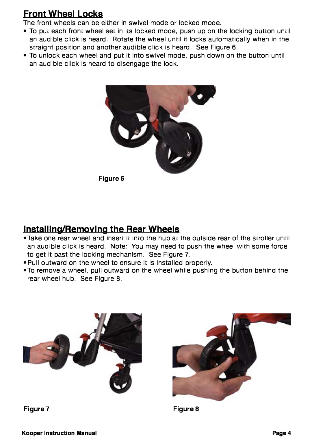 Joovy 30X Series, Joovy Kooper manual Front Wheel Locks, Installing/Removing the Rear Wheels 