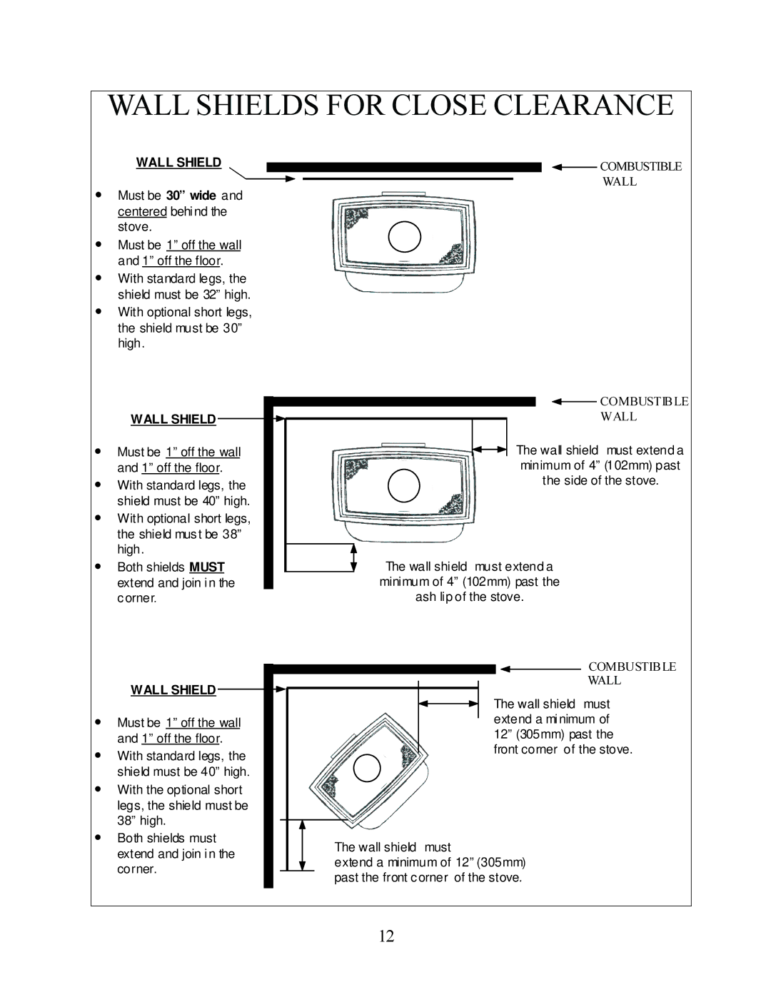 Jotul F 3 operating instructions Wall Shields for Close Clearance 