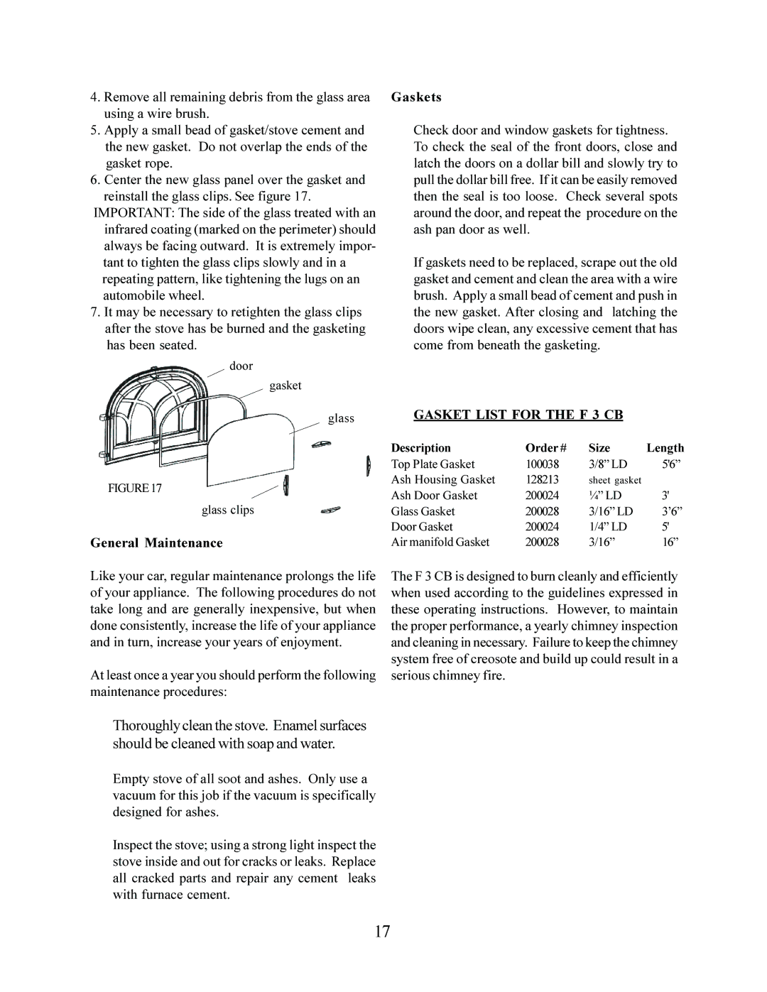 Jotul operating instructions General Maintenance Gaskets, Gasket List for the F 3 CB 