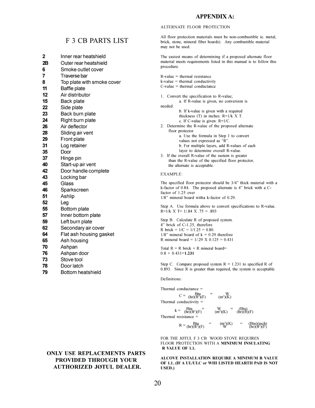 Jotul F 3 operating instructions CB Parts List 