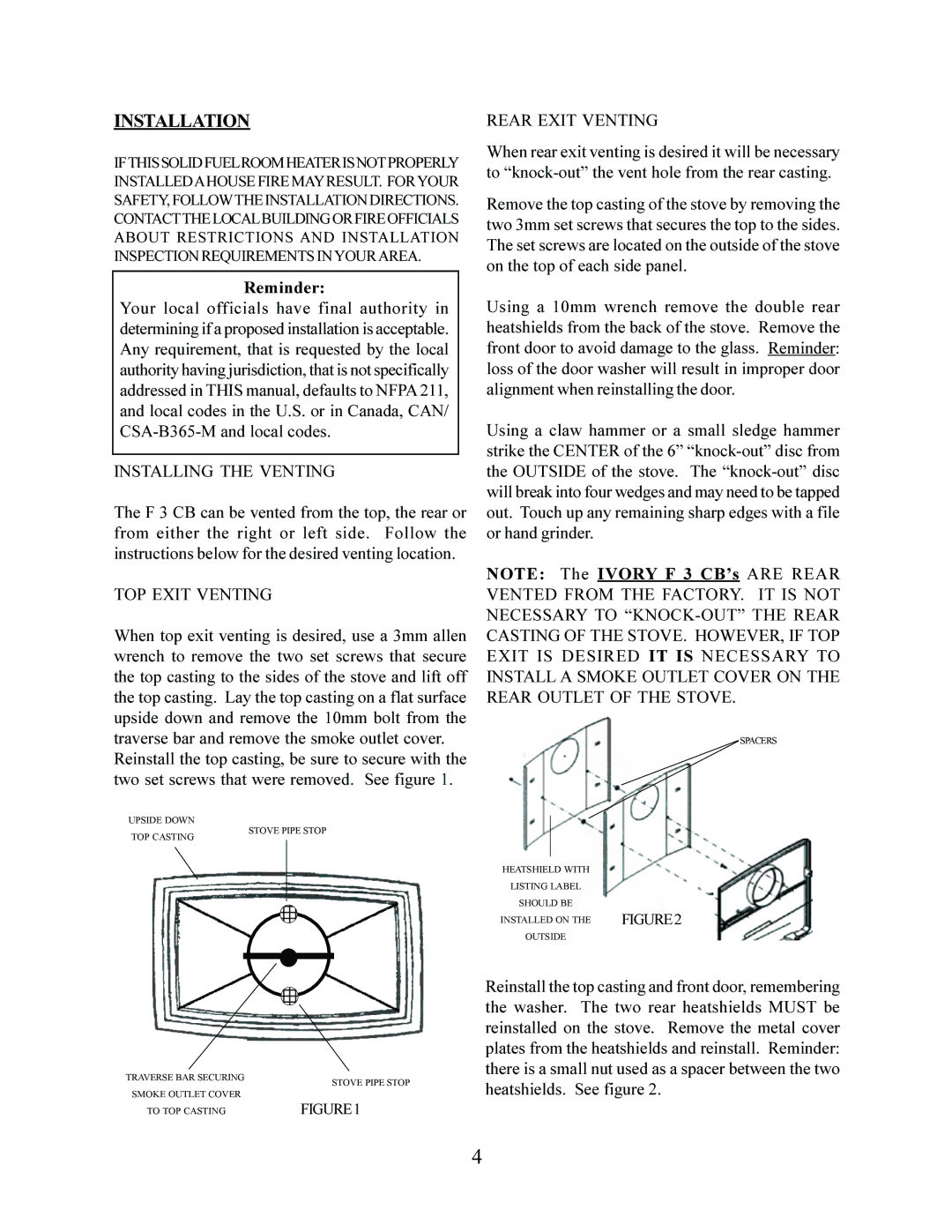 Jotul F 3 operating instructions Installation, Reminder 