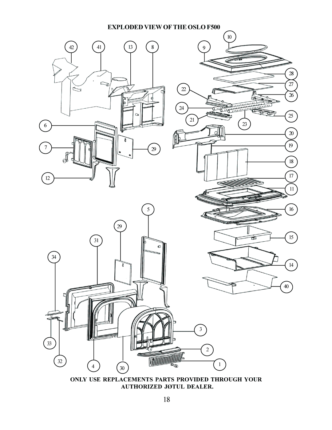 Jotul F 500 operating instructions Exploded View of the Oslo F500 