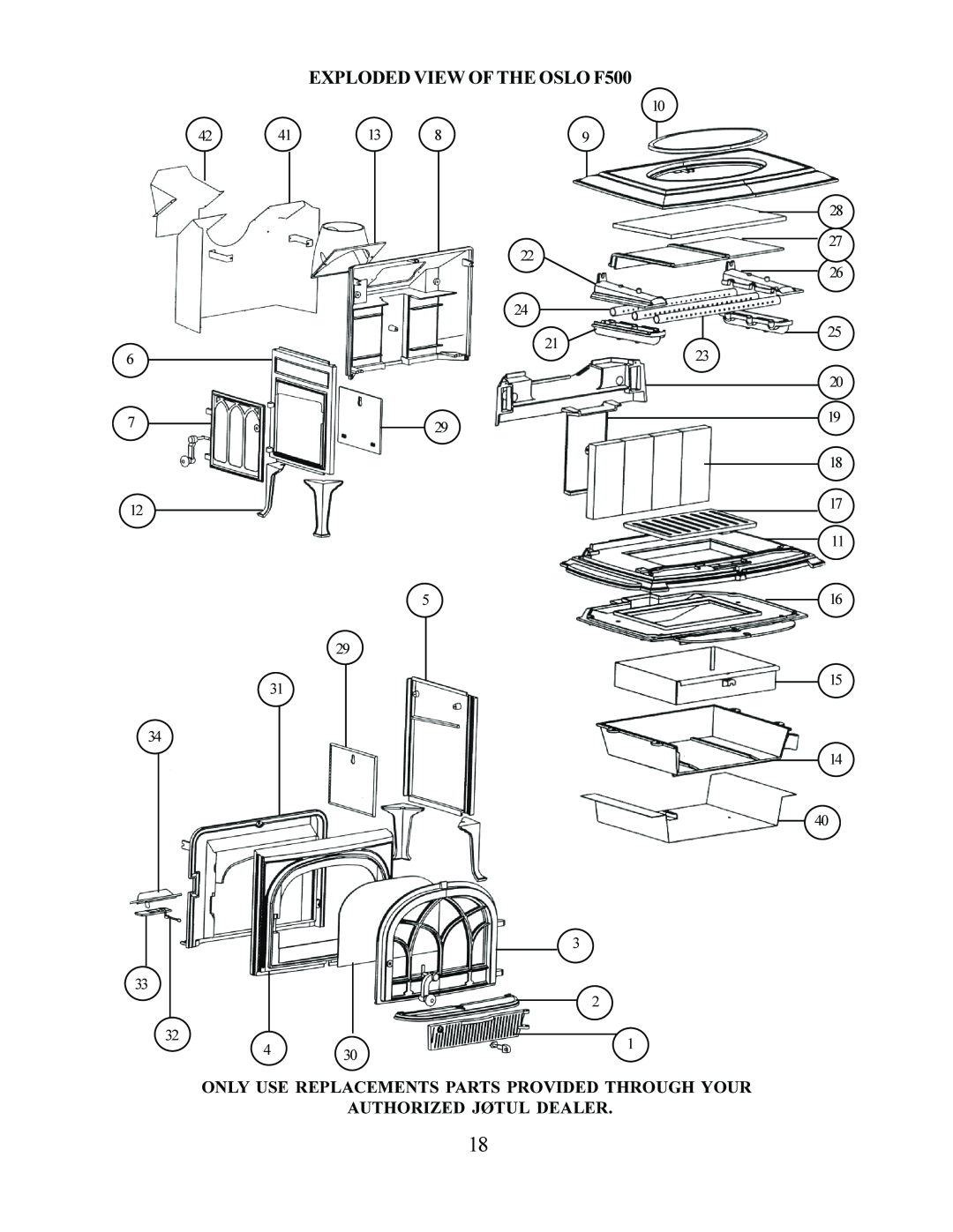 Jotul F 500 EXPLODED VIEW OF THE OSLO F500, Only Use Replacements Parts Provided Through Your, Authorized Jøtul Dealer 