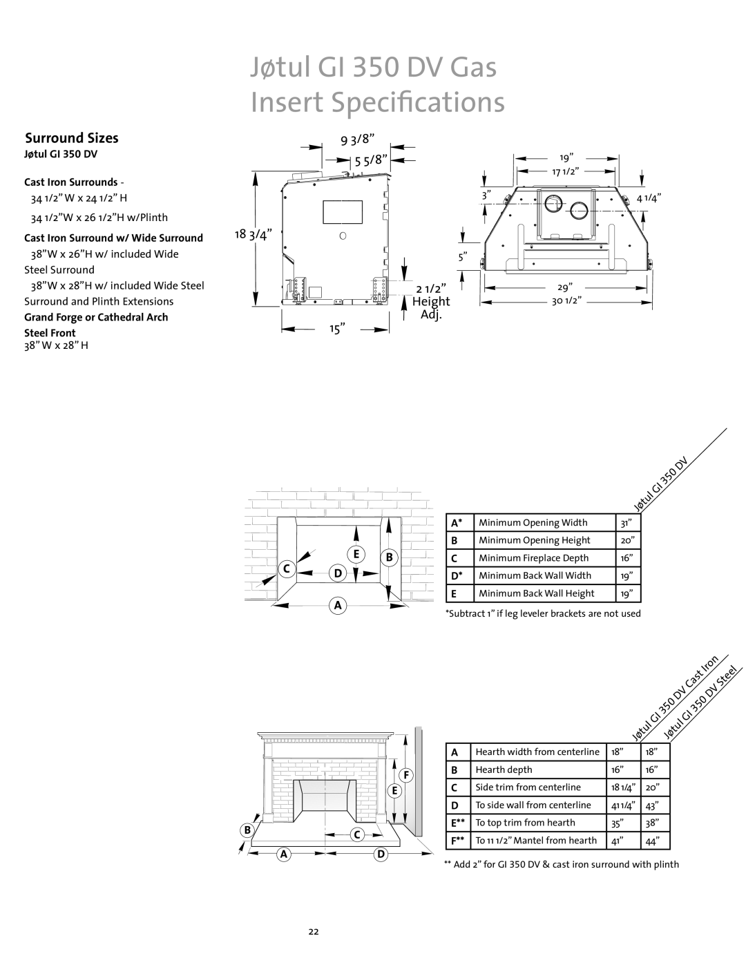 Jotul Gas Inserts and Fireplaces brochure Jøtul GI 350 DV Gas Insert Specifications, Surround Sizes, 34 1/2” W x 24 1/2” H 