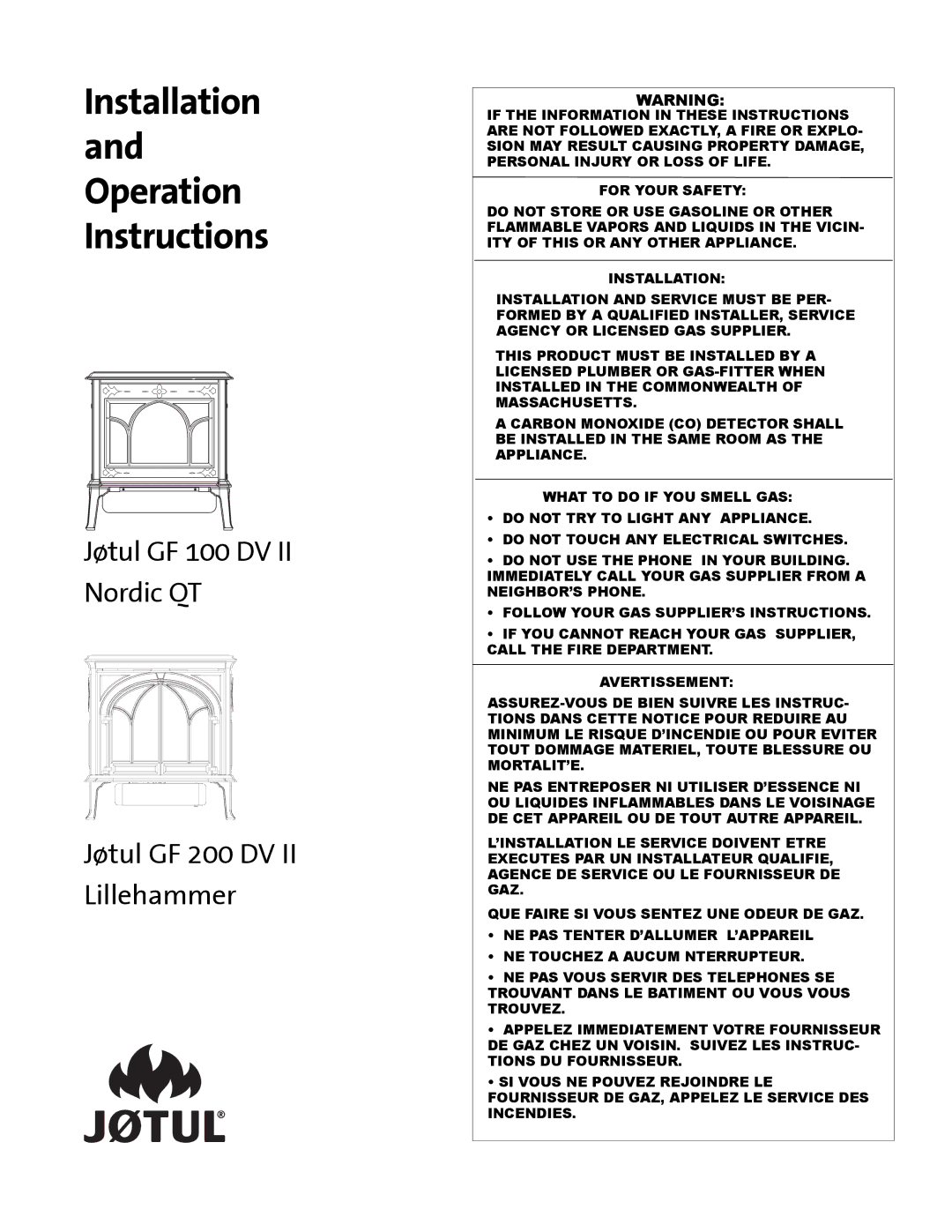 Jotul GF 100 DV II, GF 200 DV II manual Installation and Operation Instructions 