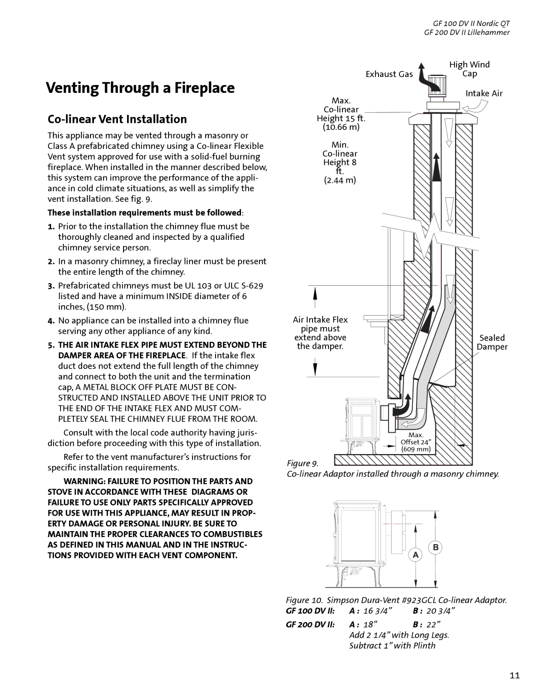 Jotul GF 100 DV II, GF 200 DV II manual Venting Through a Fireplace, Co-linear Vent Installation 