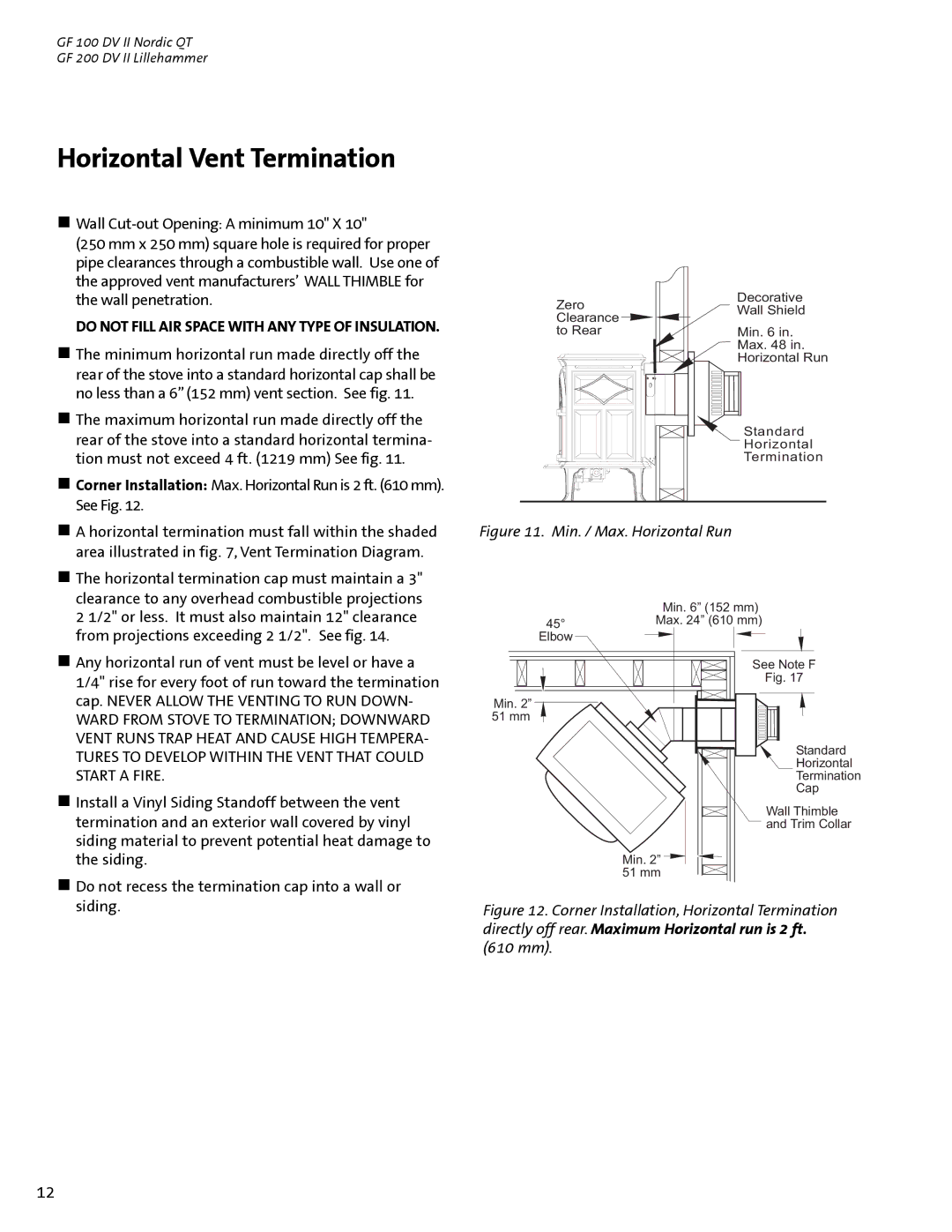 Jotul GF 100 DV II, GF 200 DV II manual Horizontal Vent Termination, Min. / Max. Horizontal Run 